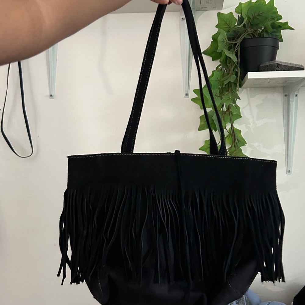 Nine West Black Suede Fringe Tote Shoulder Bag festival Hippie Boho